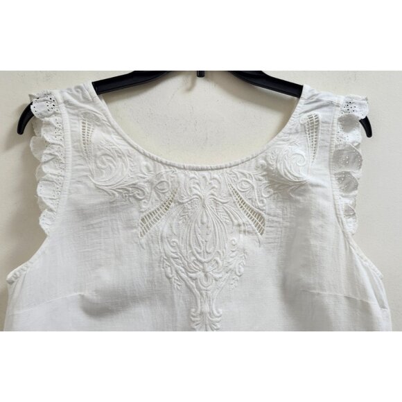Sézane White Linen Embroidered Dress Size 40 Eyelet Ruffle Trim Mini Tunic Boho - Picture 3 of 12